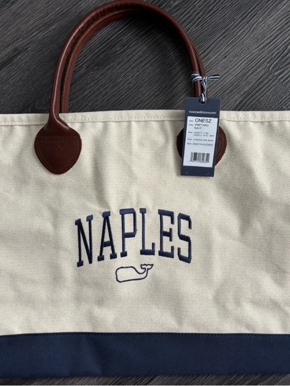 Vineyard Vines Cream and Navy Naples Canvas Tote with Brown Leather Handles